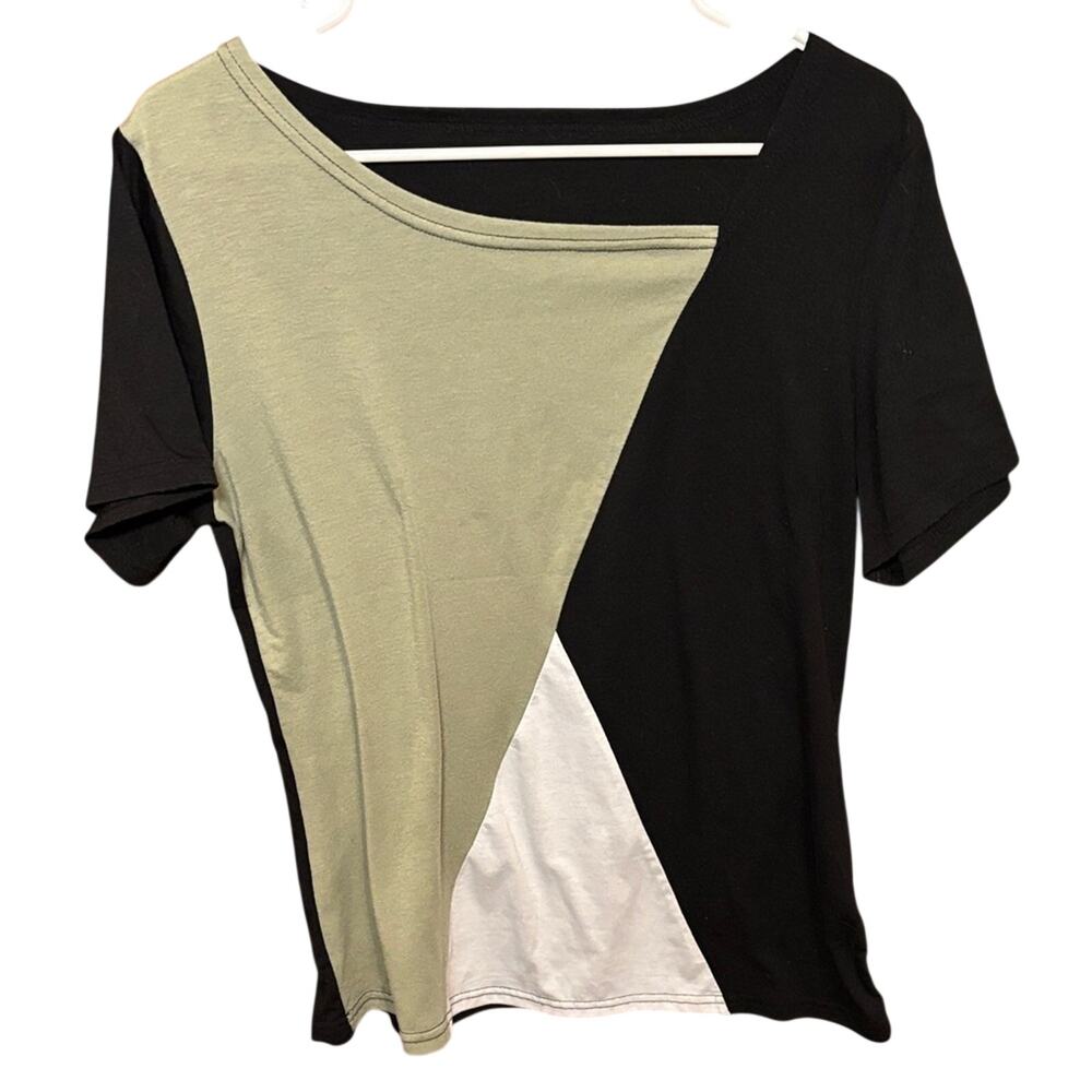 Colorblock Asymmetrical Top Black Sage Green White Short Sleeve Tee